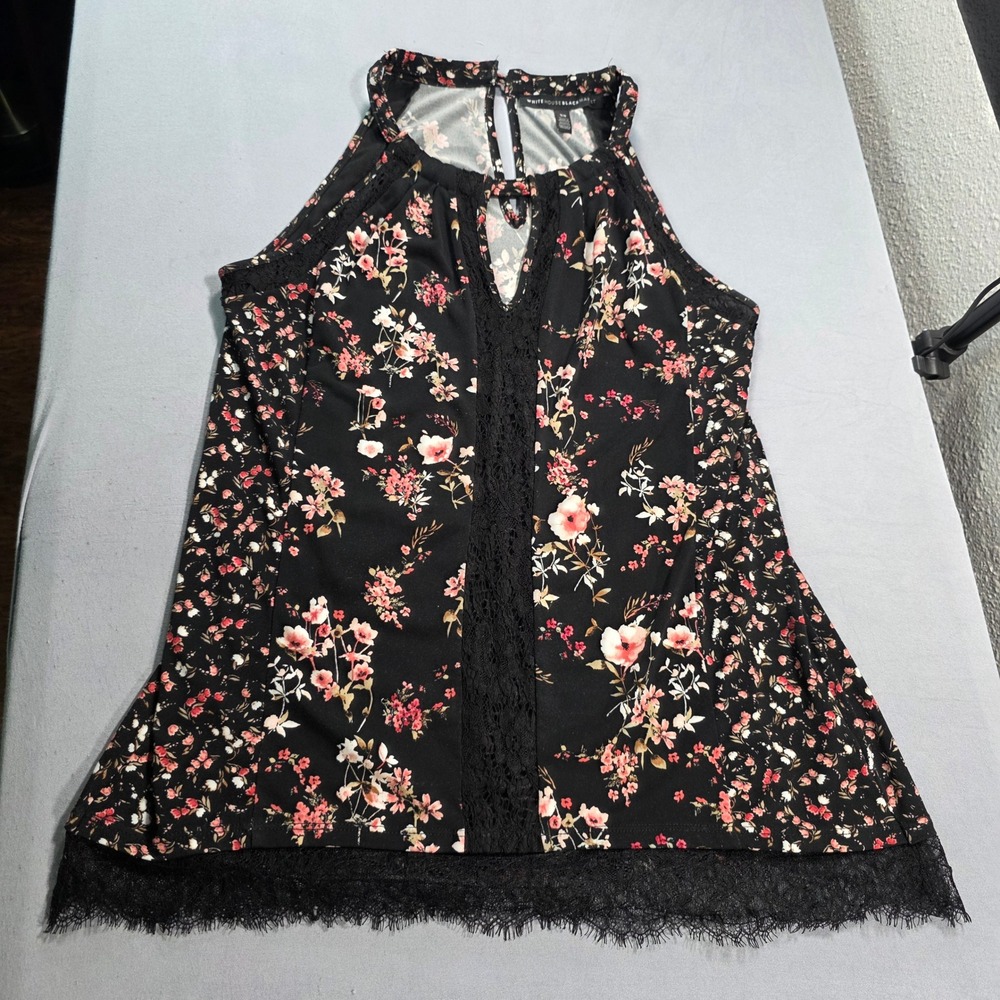White‎ House Black Market Floral Halter Top Lace Trim Keyhole Black Pink XS